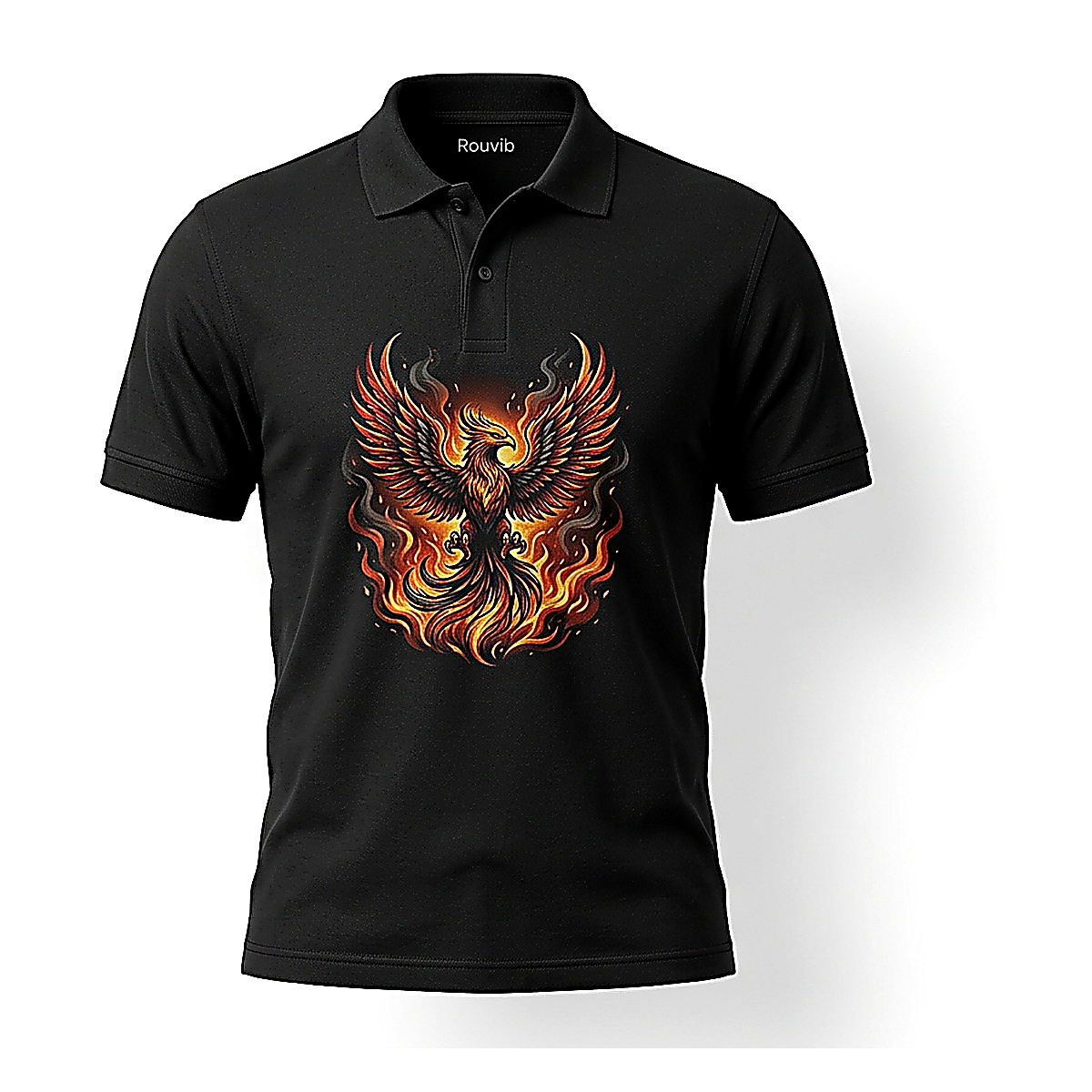 Rouvib Men's Phoenix Rising Graphic Polo Shirt — Bold Mythical Art - Black