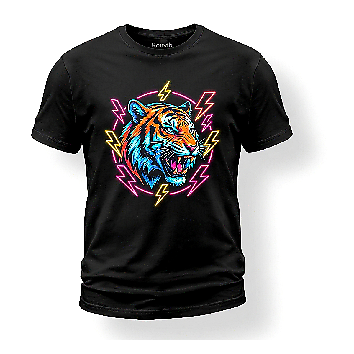 Rouvib Men's Neon Tiger Roar Graphic T-Shirt — Edgy Wildlife Print Design - Black