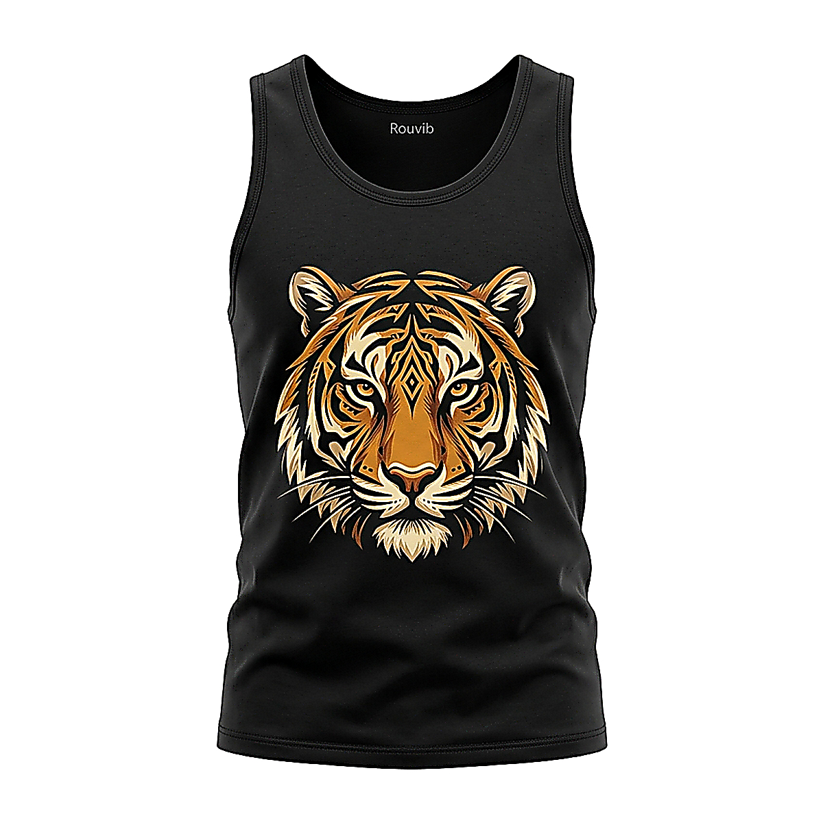 Rouvib Men's Tribal Tiger Face Graphic Tank Top — Bold Animal Print - Black