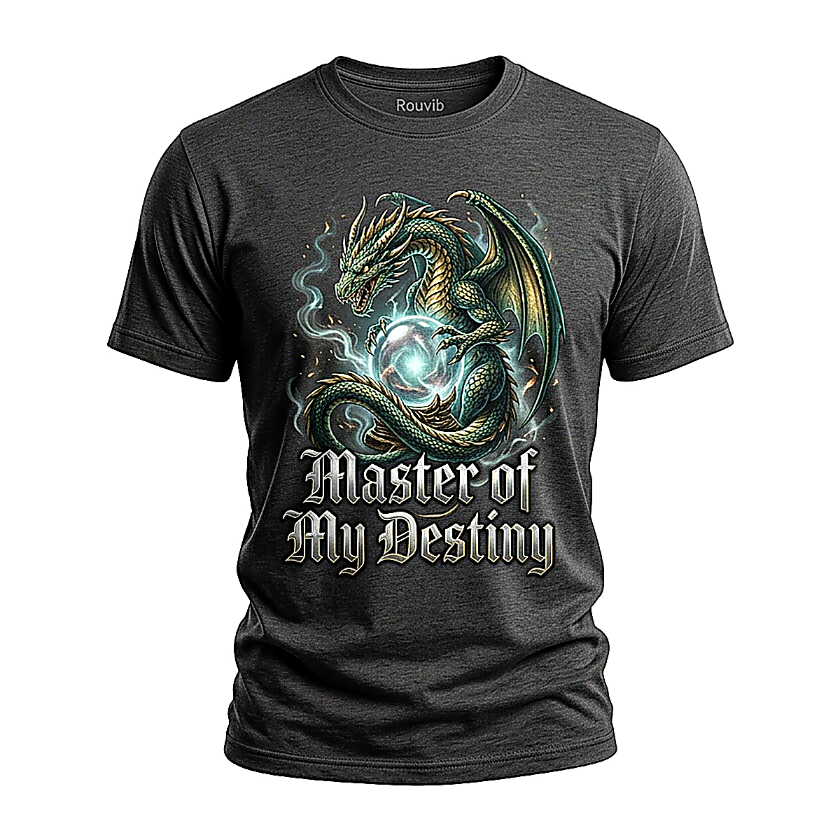 Rouvib Men's Mystic Dragon Destiny Graphic T-Shirt — Fantasy Art Design - Charcoal Heather