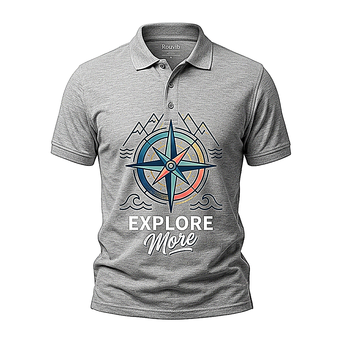 Rouvib Men's Compass Explorer Graphic Polo Shirt — Adventure-Inspired Design - Heather Grey