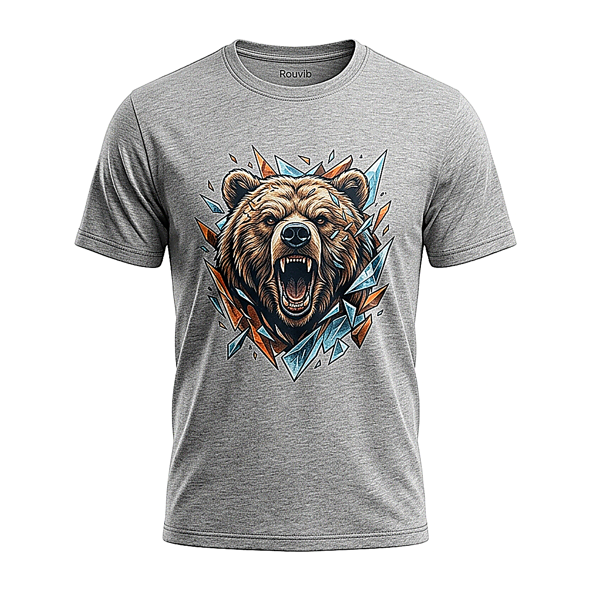Rouvib Men's Shattered Fury Bear Head Graphic T-Shirt — Modern Art Design - Heather Grey