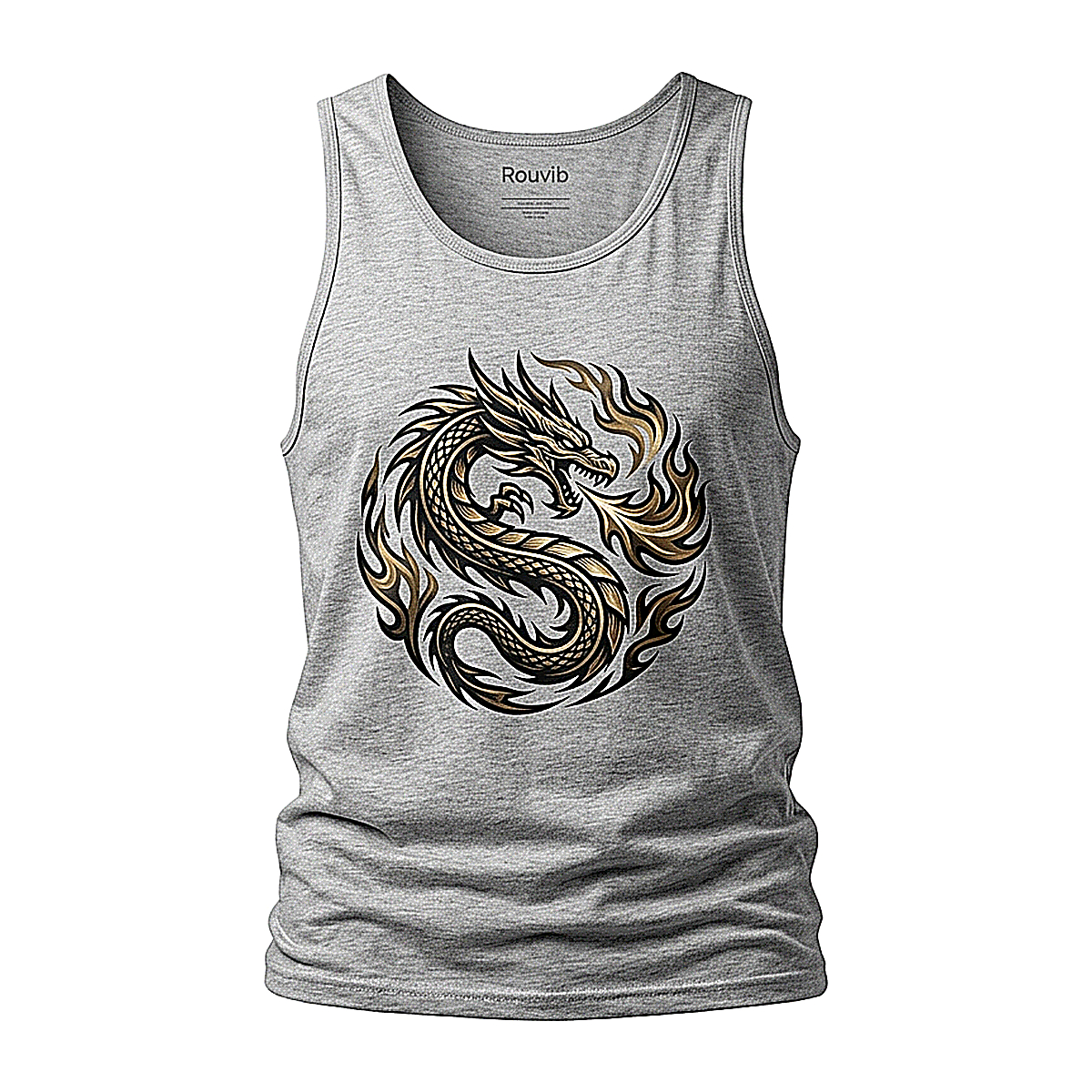 Rouvib Men's Tribal Dragon Graphic Tank Top — Edgy Tattoo Art Design - Heather Grey