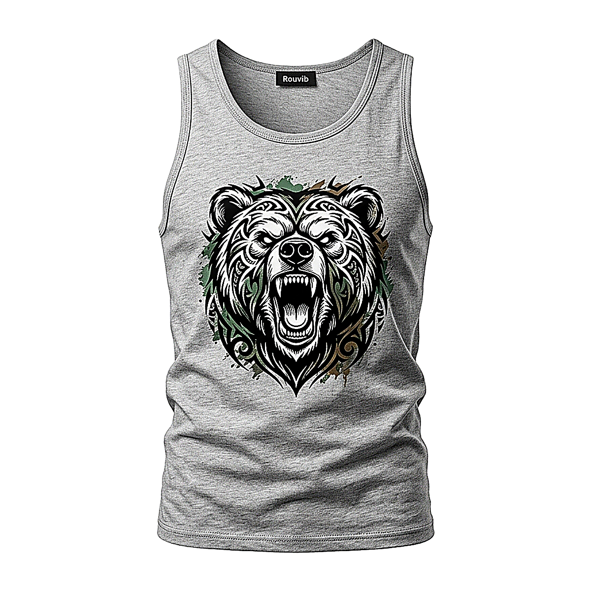 Rouvib Men's Tribal Roaring Bear Graphic Tank Top — Adventure Style - Heather Grey