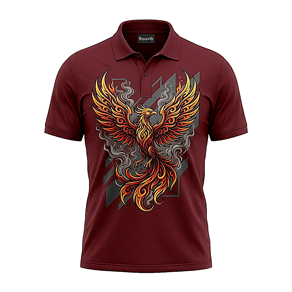Rouvib Men's Phoenix Rising Tattoo Graphic Polo Shirt – Bold Artistic Style - Maroon
