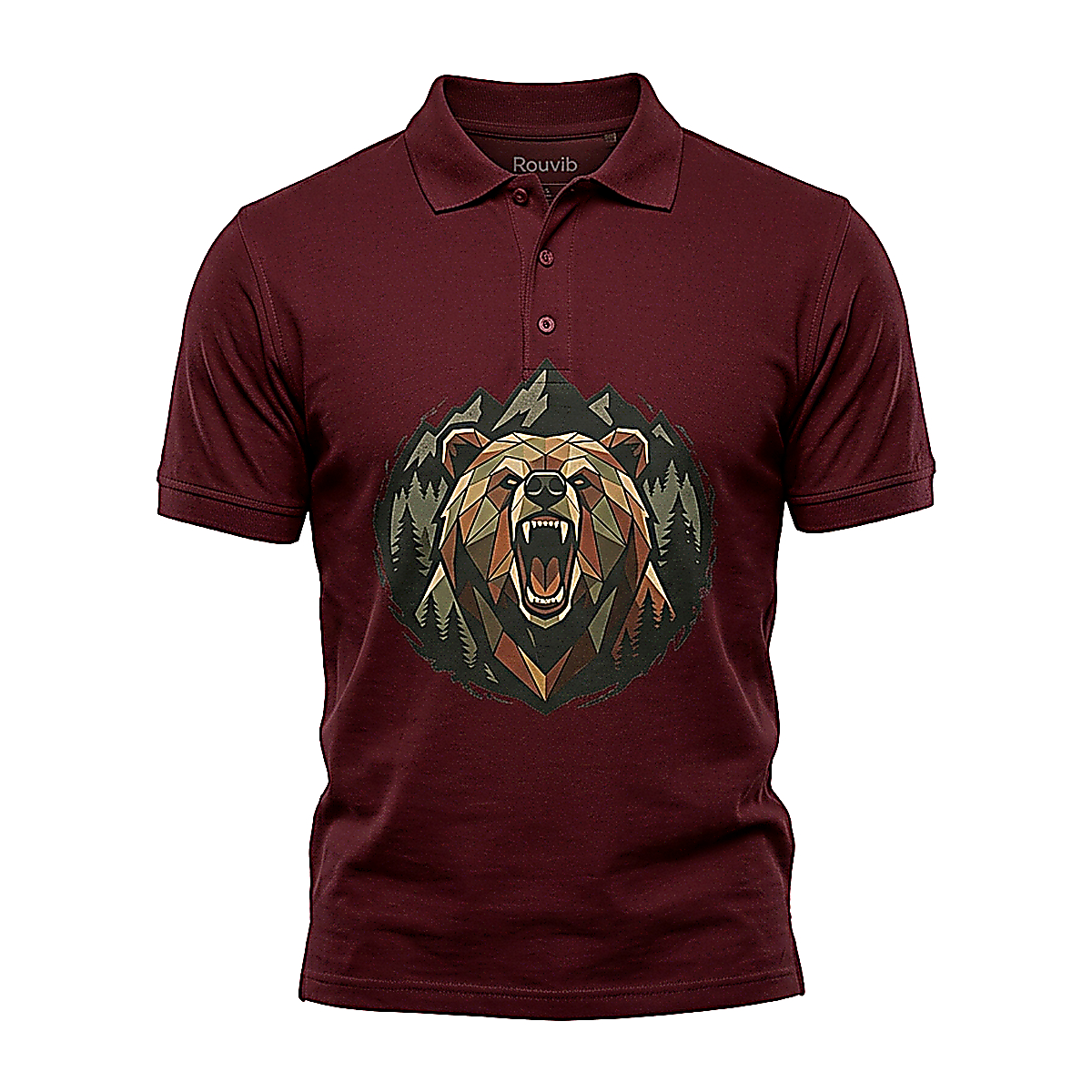 Rouvib Men's Rugged Roaring Bear Graphic Polo Shirt — Nature Lover Style - Maroon