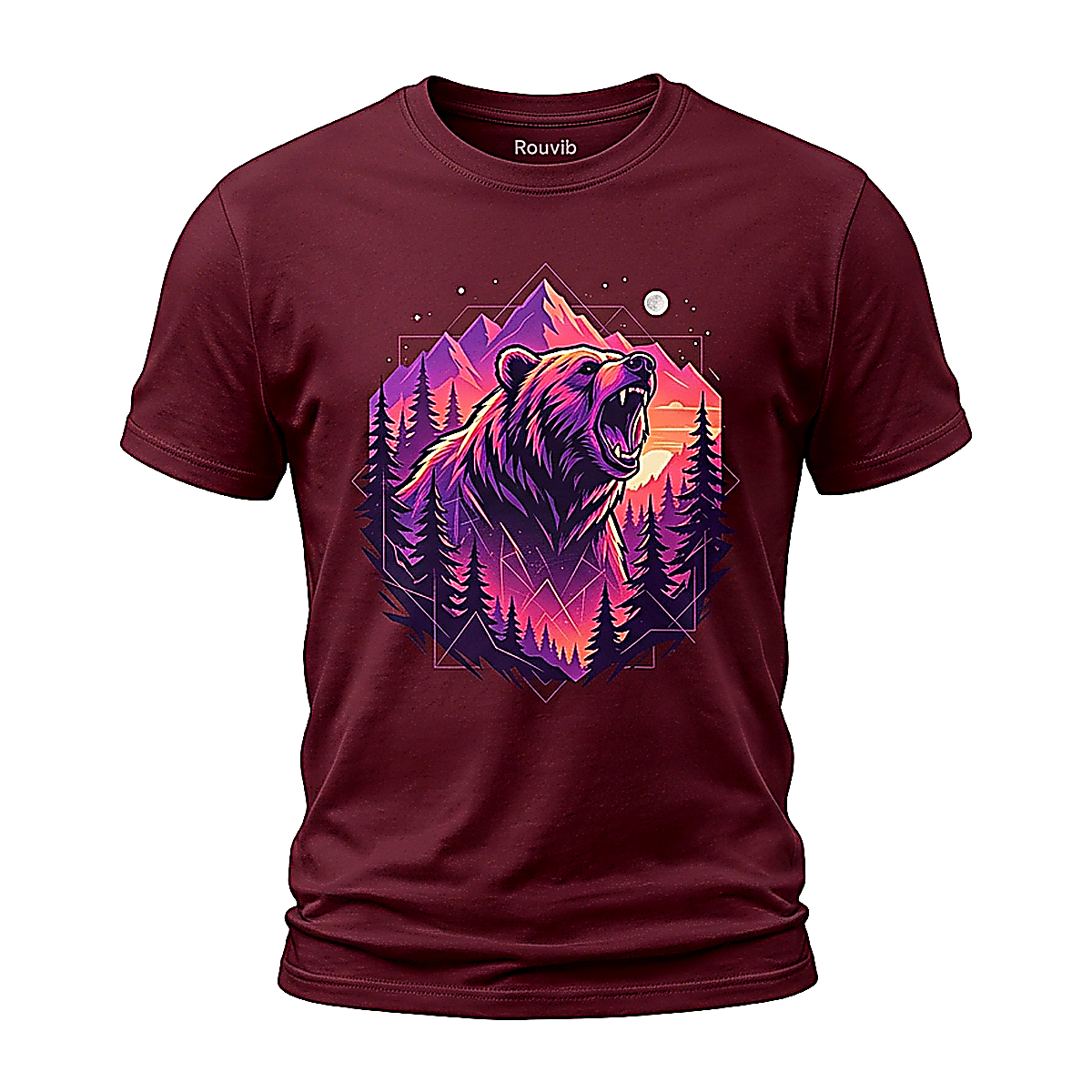 Rouvib Men's Retro Bear Mountain Graphic T-Shirt - Adventure-Inspired Design - Maroon