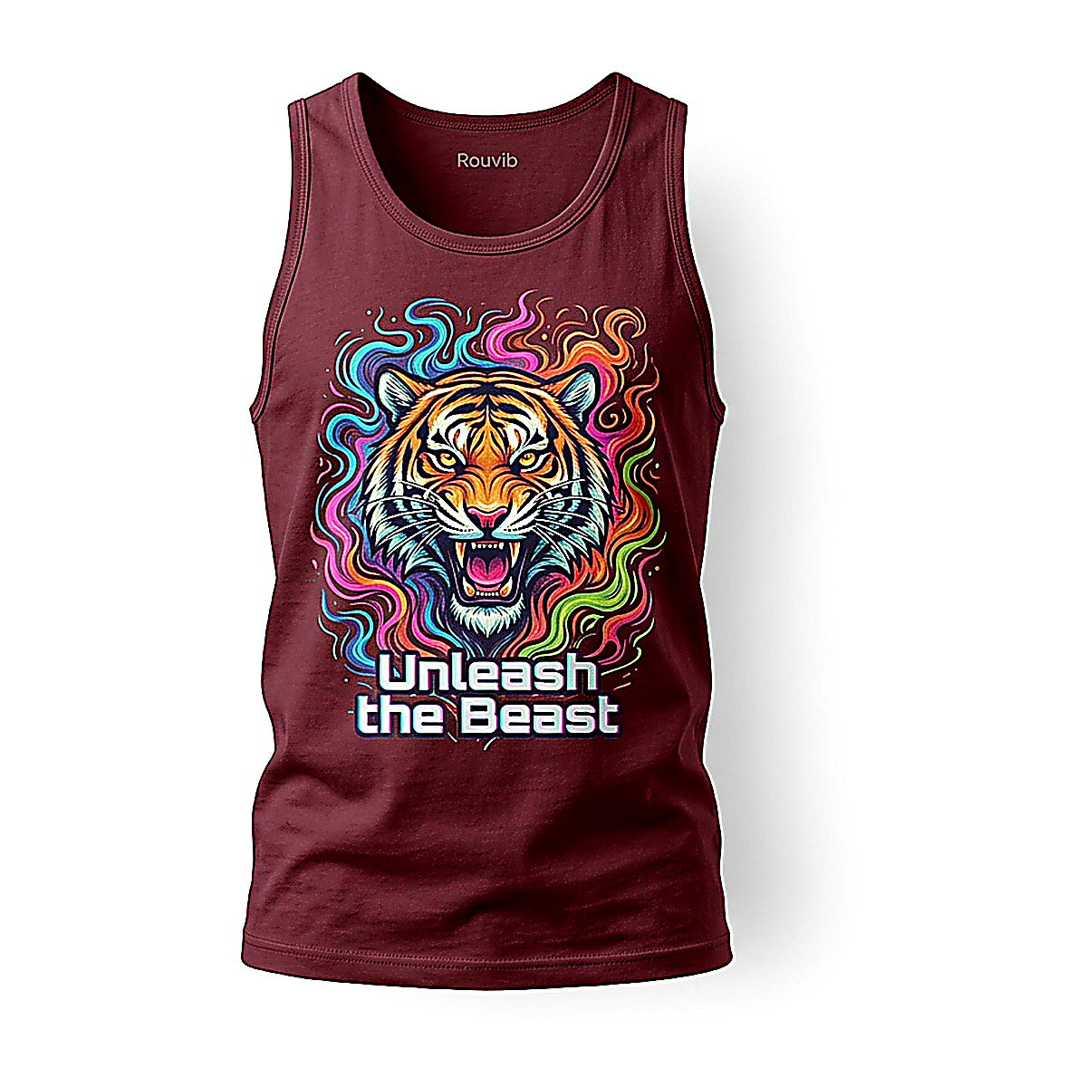 Rouvib Men's Psychedelic Tiger Graphic Tank Top — Bold Festival Wear - Maroon