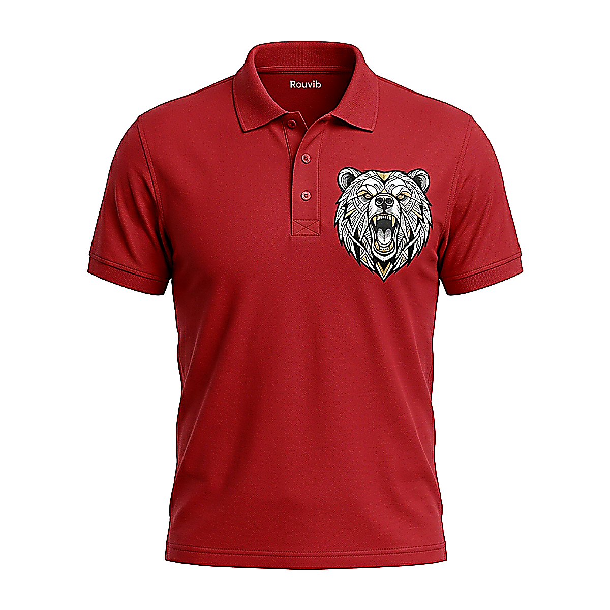 Rouvib Men's Fierce Bear Geometric Graphic Polo Shirt – Wilderness Aesthetic - Red