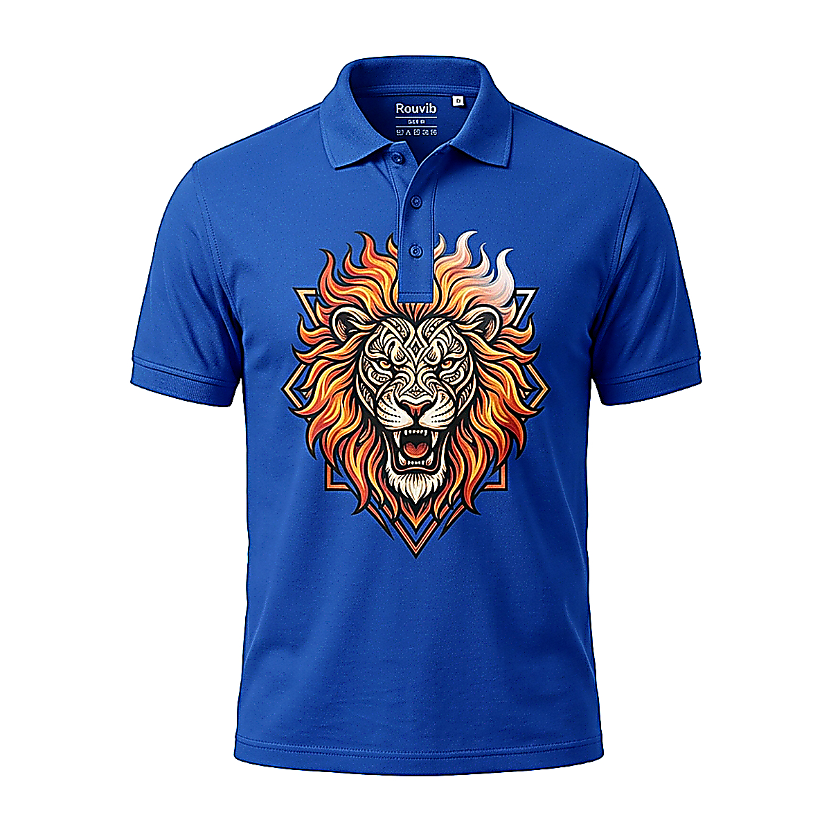 Rouvib Men's Tribal Flame Lion Graphic Polo Shirt – Bold Art for Confidence - Royal Blue