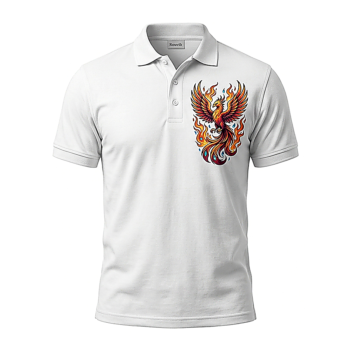Rouvib Men's Phoenix Rising Tattoo-Inspired Graphic Polo Shirt — Statement Design - White