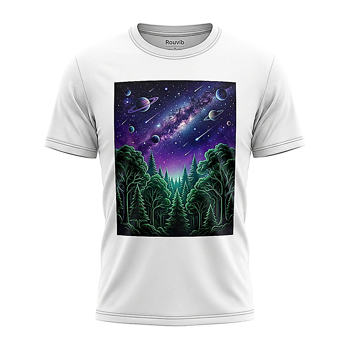 Rouvib Men's Cosmic Forest Graphic T-Shirt – Surreal Nature-Inspired Art Design - White