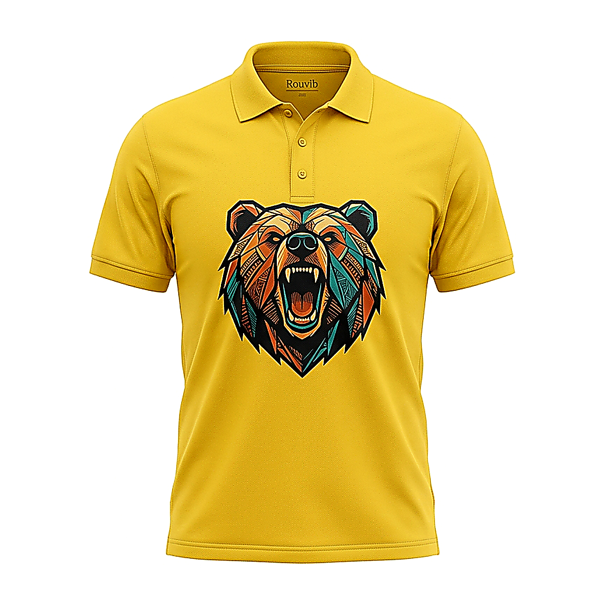 Rouvib Men's Fierce Bear Geometric Graphic Polo Shirt — Outdoor Enthusiast Style - Yellow
