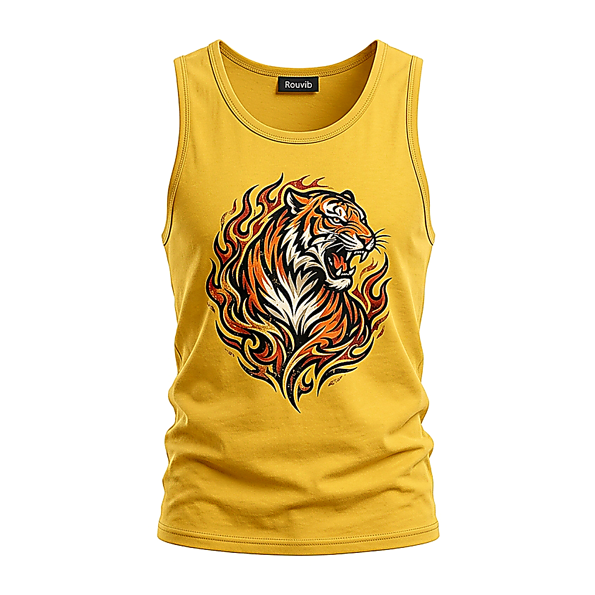 Rouvib Men's Tribal Flame Tiger Graphic Tank Top — Bold, Edgy Design - Yellow
